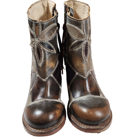 Freebird Flower Ankle Boot Leather Made In Mexico Stitch Detail Block Heel - Picture 2 of 11